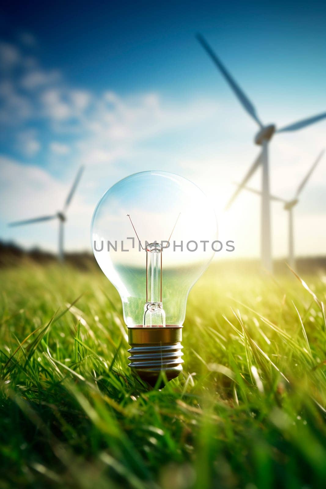 Light bulb on the grass concept nature electricity. Generative AI, by yanadjana