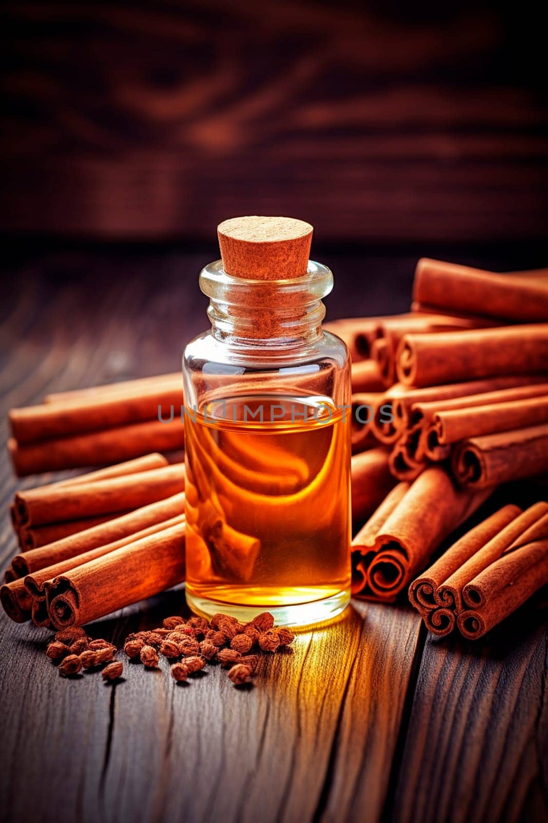 Cinnamon essential oil in a bottle. Generative AI, Nature.