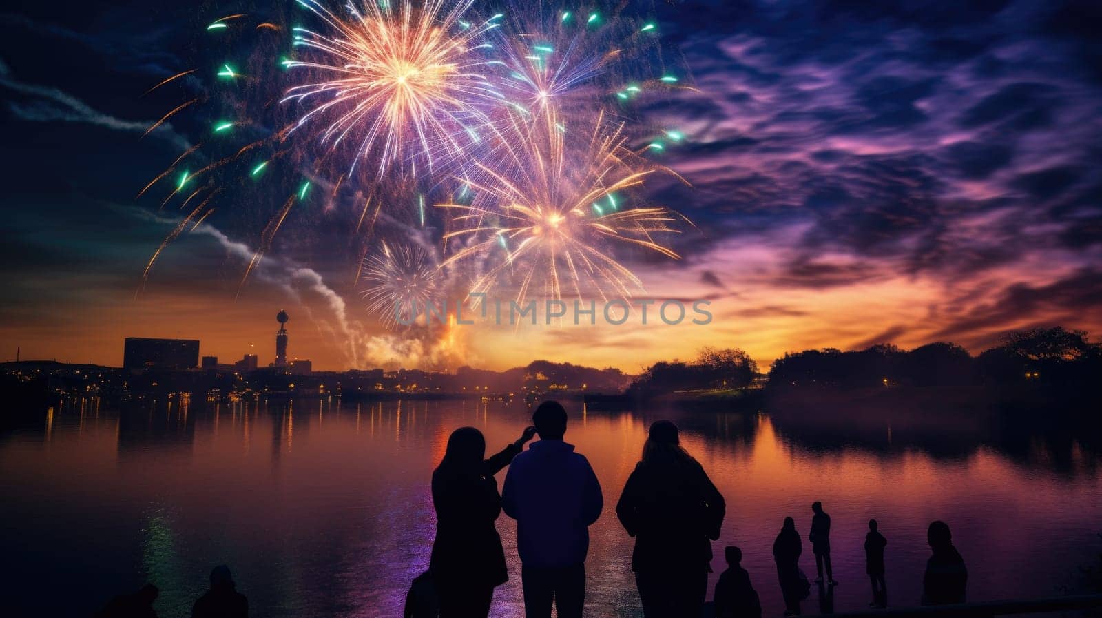 Firework explosion in the night sky celebrating happy new year 2024 . National firework shooting in the beautiful sky for a new year day of year 2024 .