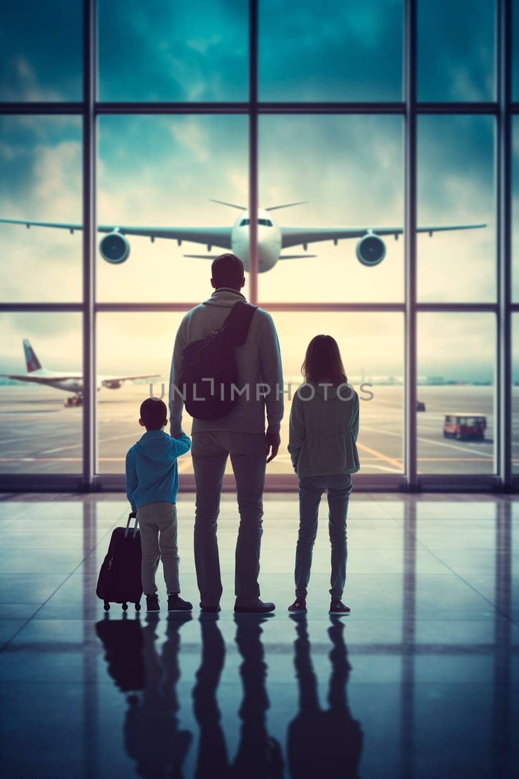 A family stands at the airport and watches a plane take off. Generative AI, by yanadjana
