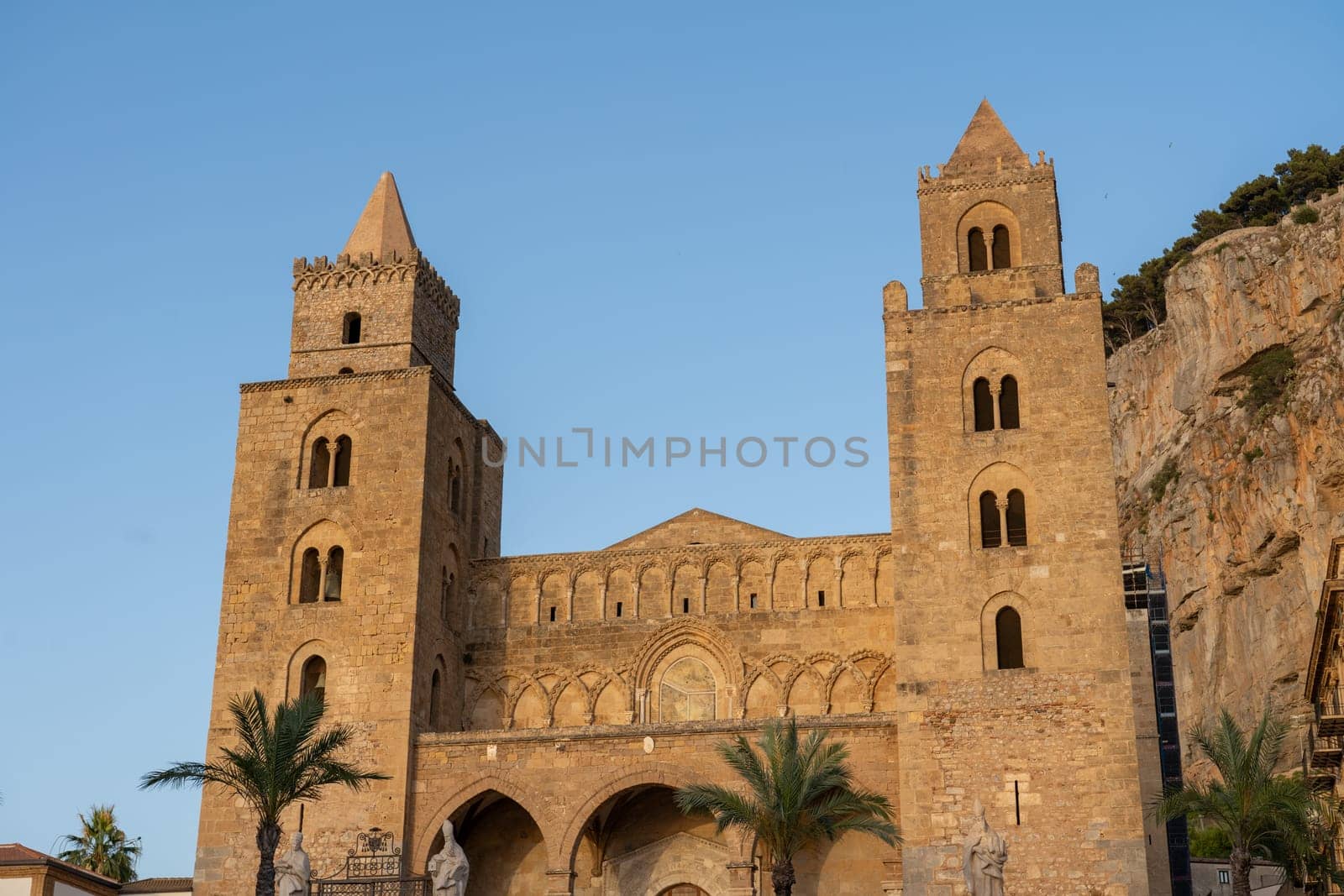 Cefalu, Sicily - July 21, 2023: Exterior of Cefalu Cathedral, a Roman Catholic basilica