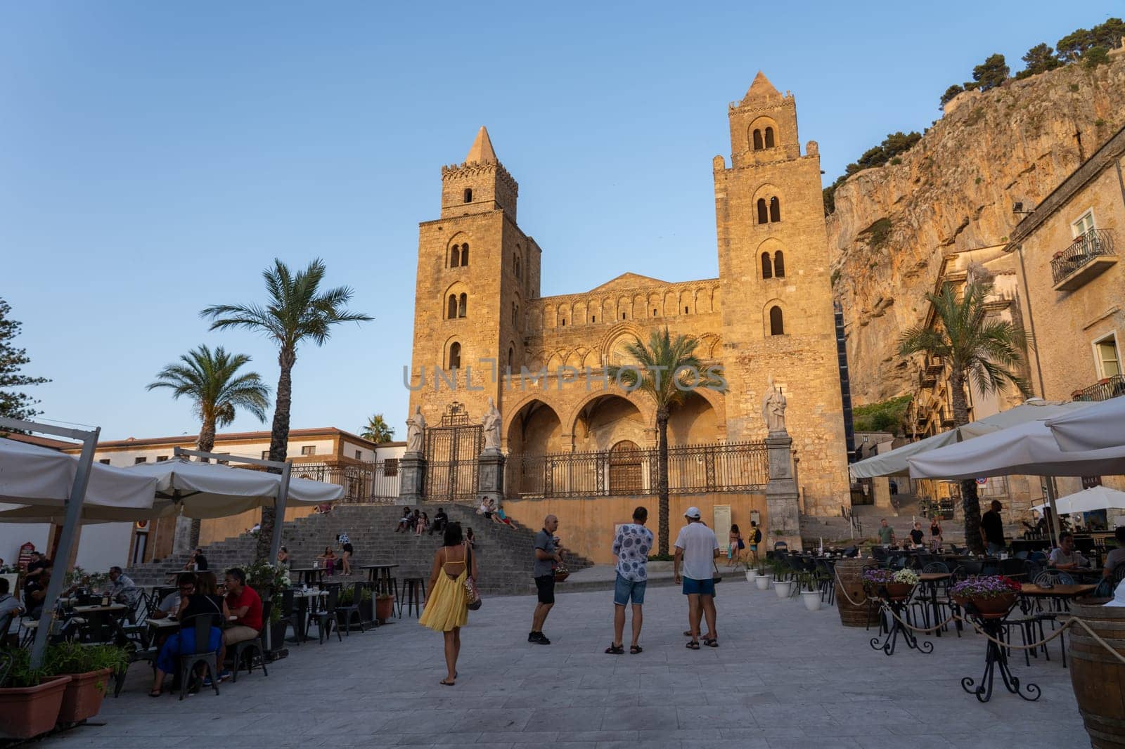 Cefalu, Sicily - July 21, 2023: Exterior of Cefalu Cathedral, a Roman Catholic basilica