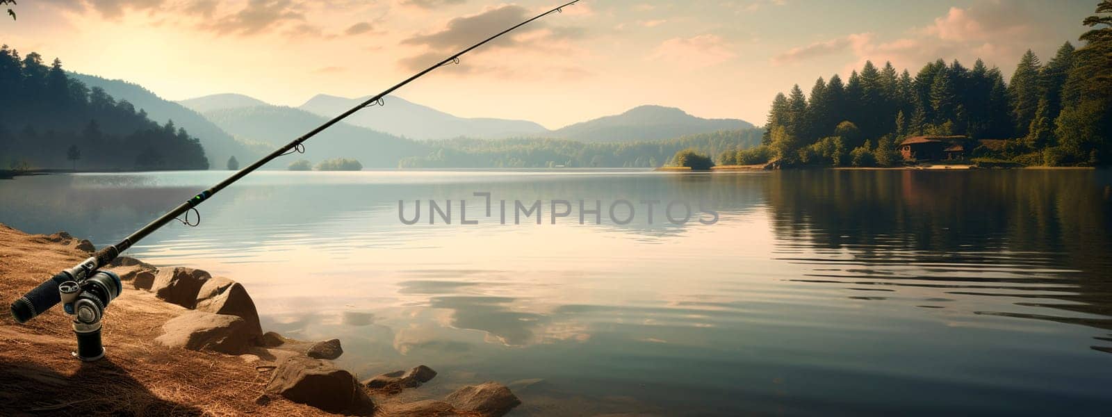 Fishing rod on the lake. Generative AI, Nature.