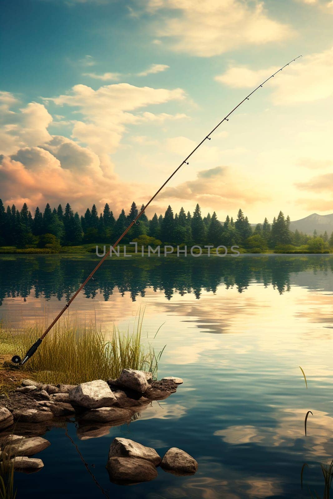 Fishing rod on the lake. Generative AI, by yanadjana