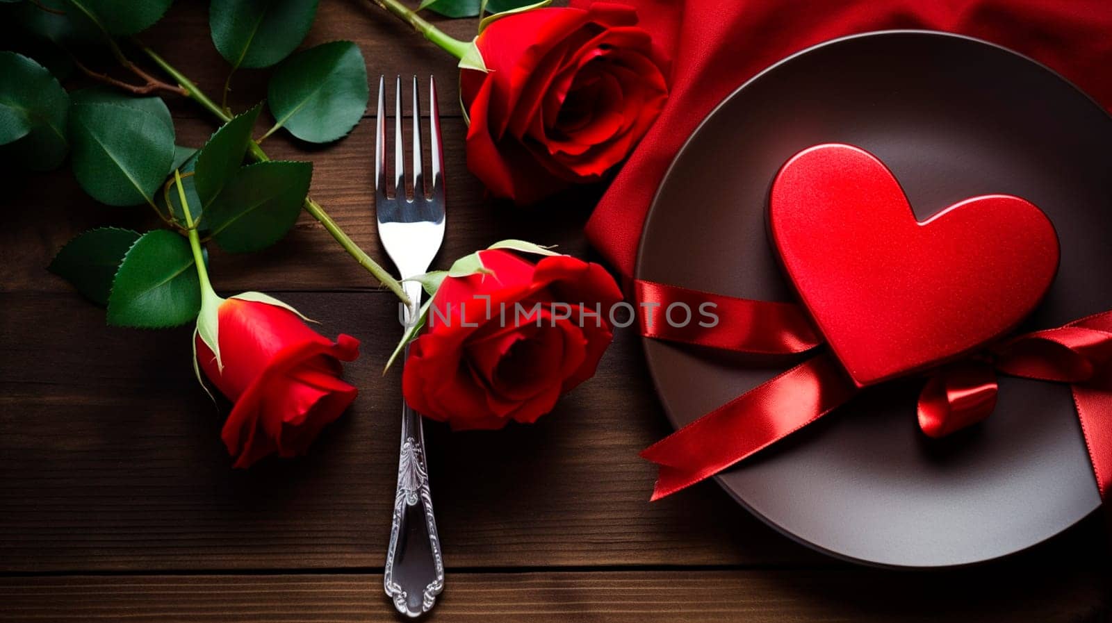 Cutlery and red roses for Valentine's Day. Generative AI, by yanadjana