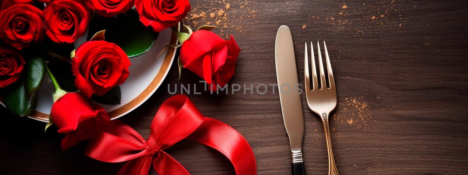 Cutlery and red roses for Valentine's Day. Generative AI, by yanadjana