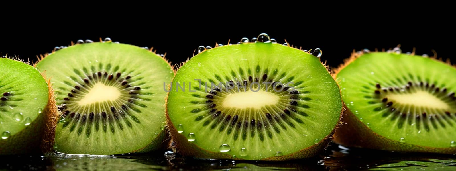 Wet kiwis on a black background. Generative AI, food.