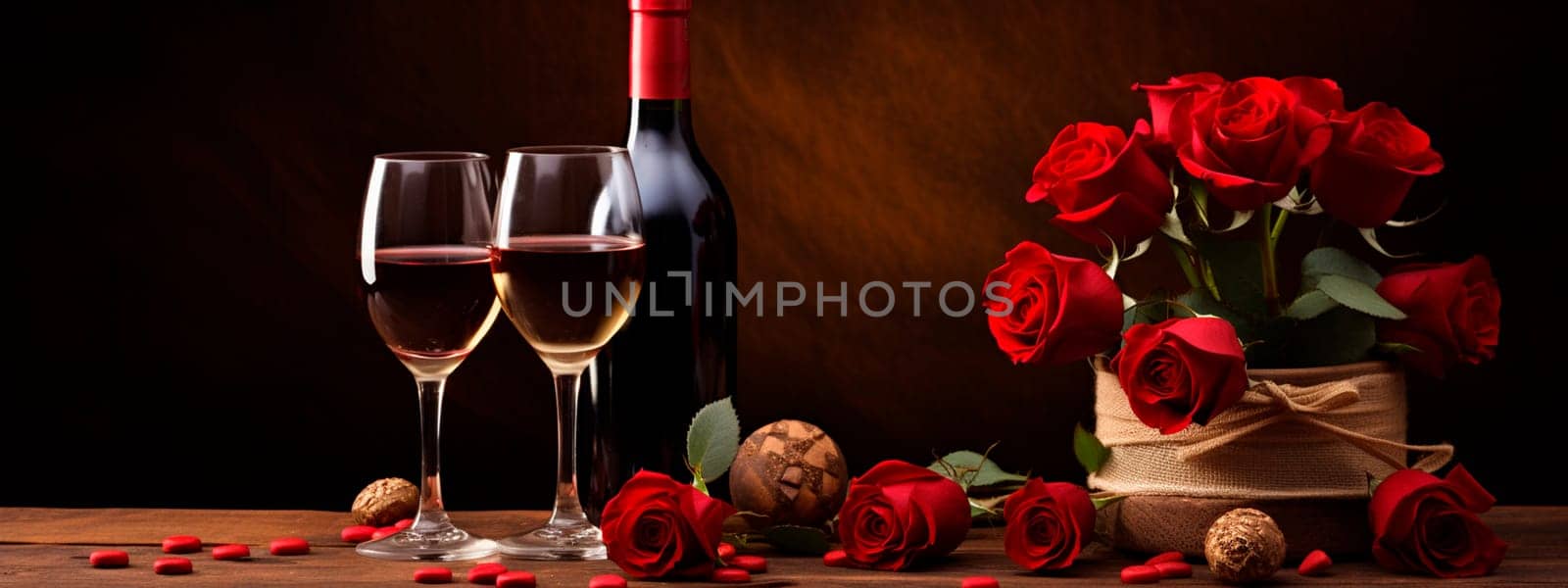 Beautiful gift roses and wine for Valentine's Day. Generative AI, Nature.