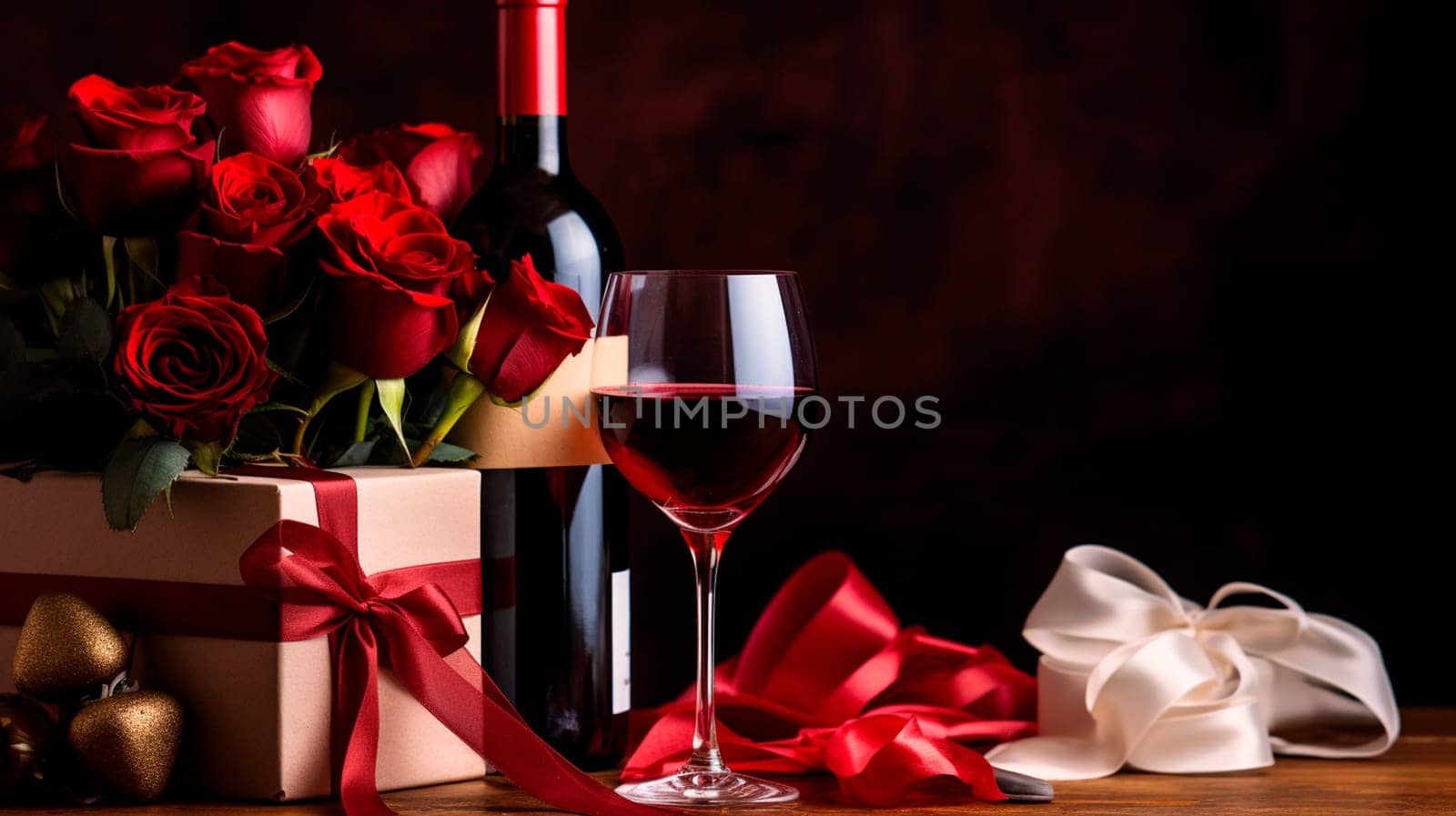 Beautiful gift roses and wine for Valentine's Day. Generative AI, by yanadjana