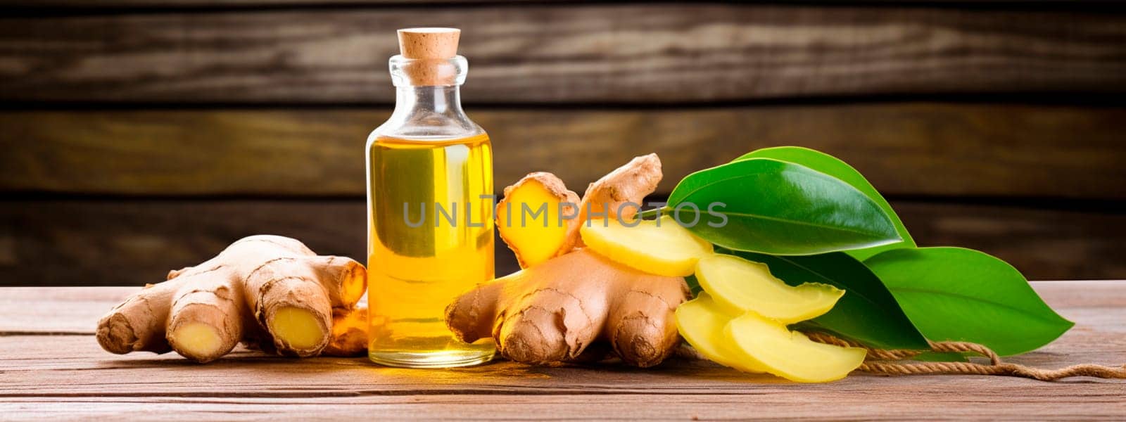 Ginger essential oil in a bottle. Generative AI, Spa.