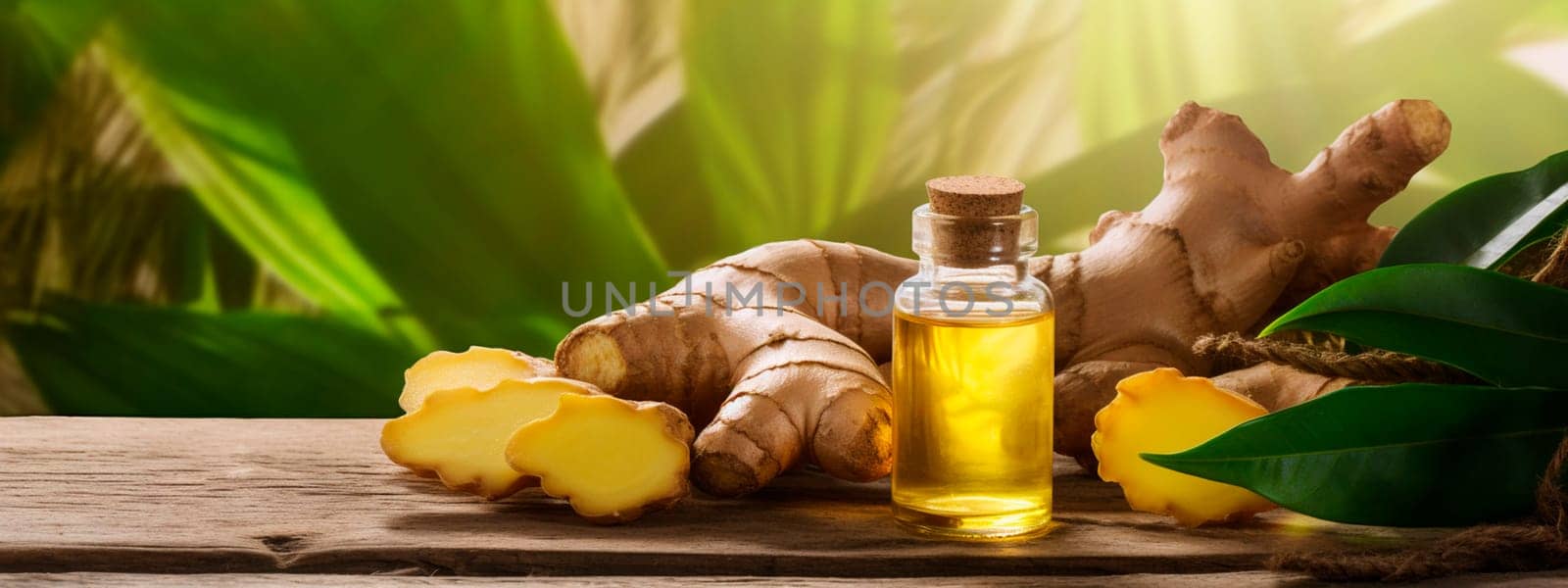 Ginger essential oil in a bottle. Generative AI, Spa.