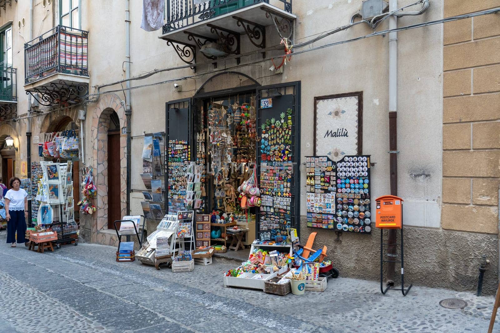 Cefalu, Sicily - July 21, 2023: Souvenir and gift shop in the historic city center