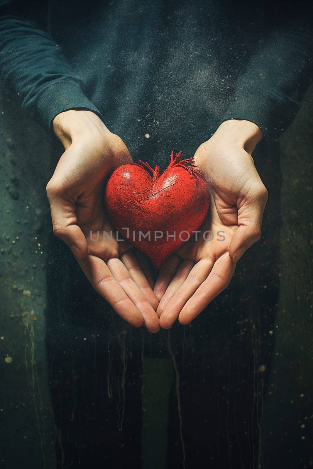 Women holding a red heart in her hands. Generative AI, by yanadjana