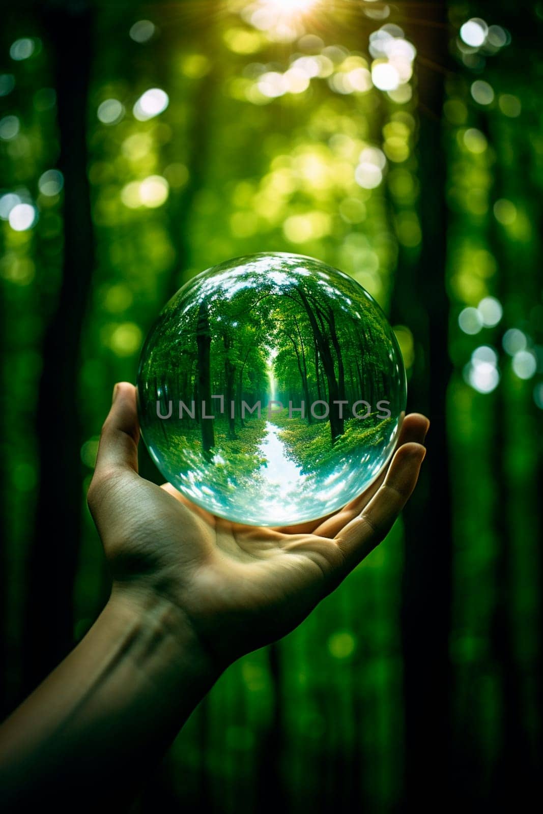 Glass ball in hands in the forest. Generative AI, Nature.