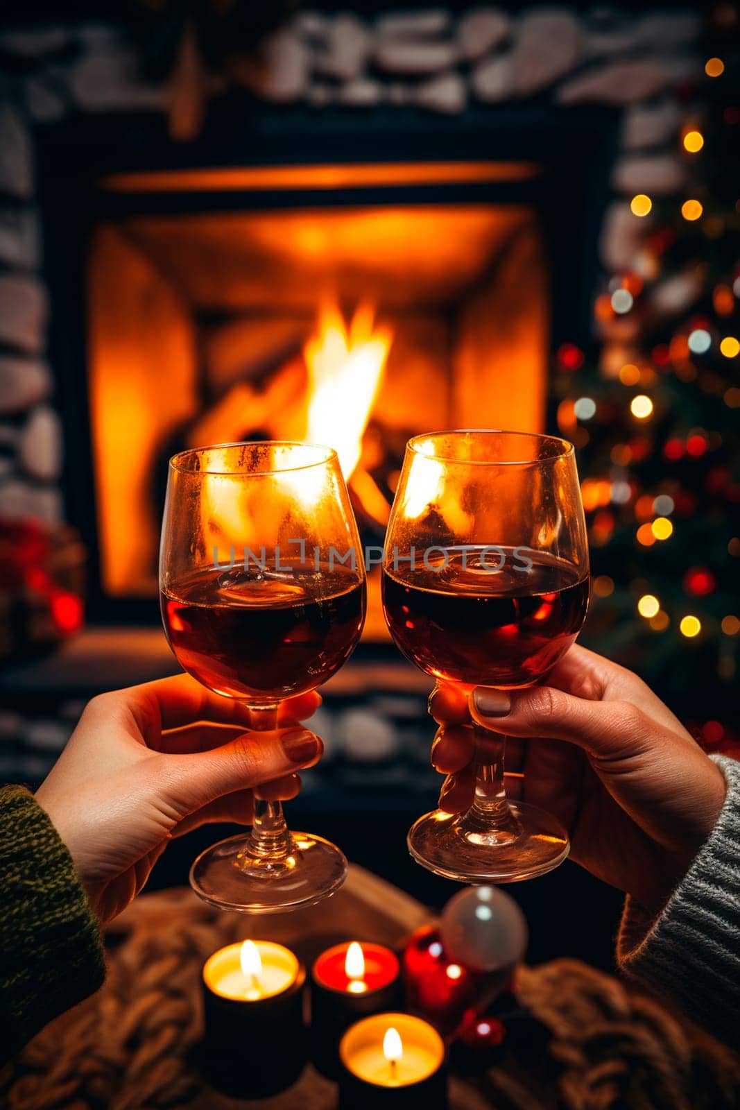 Lovers hold glasses of wine in their hands against the background of a fireplace. Generative AI, Holiday.