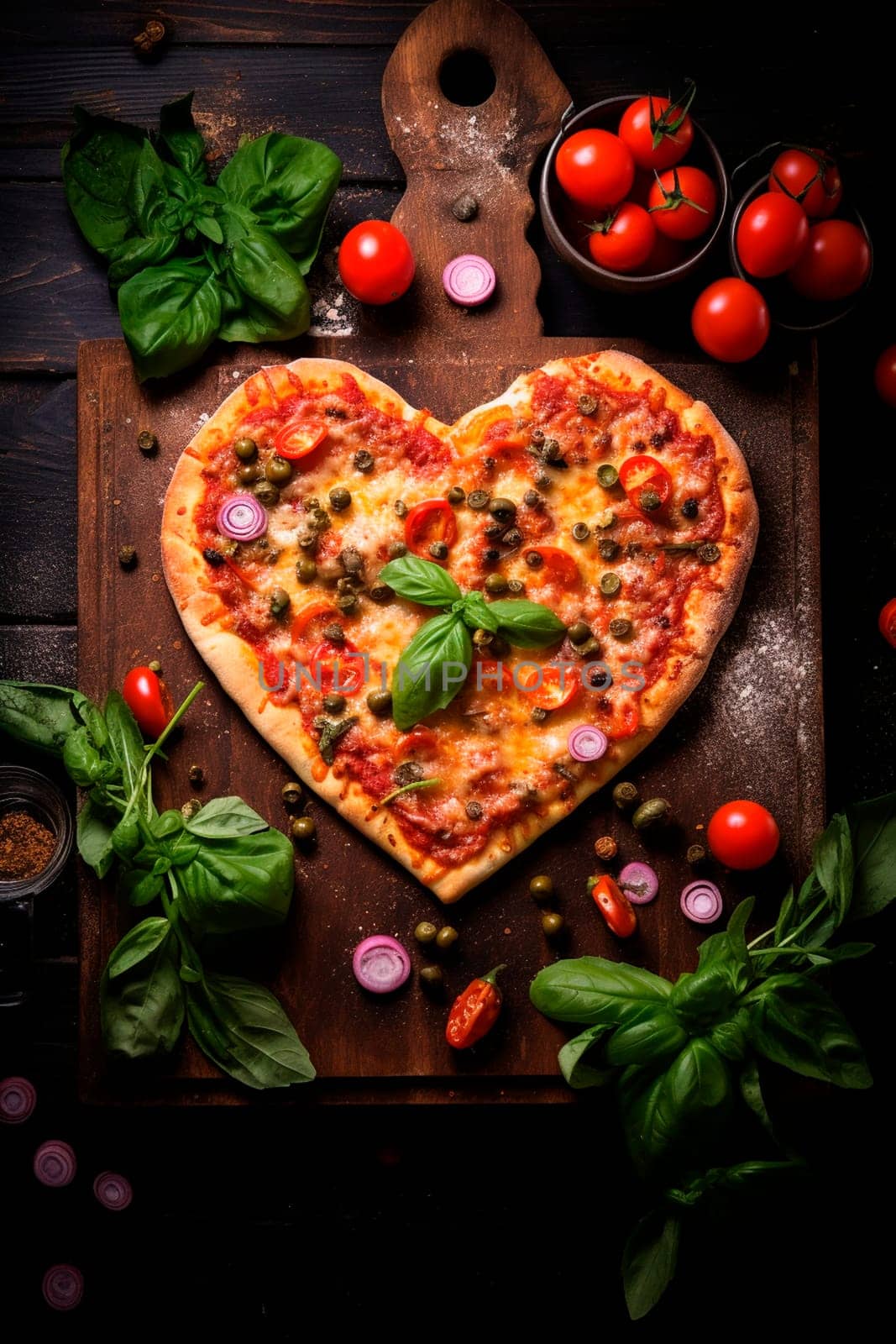 Pizza in the shape of a heart. Generative AI, by yanadjana