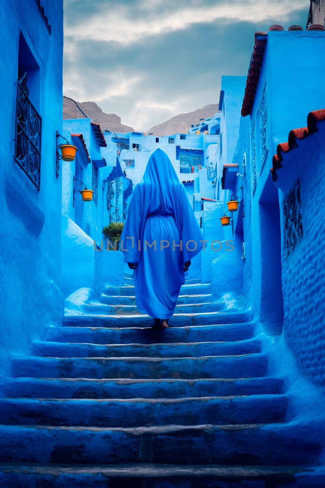 A woman wandering through the picturesque blue streets of Chefchaouen, Morocco. Generative AI, People.
