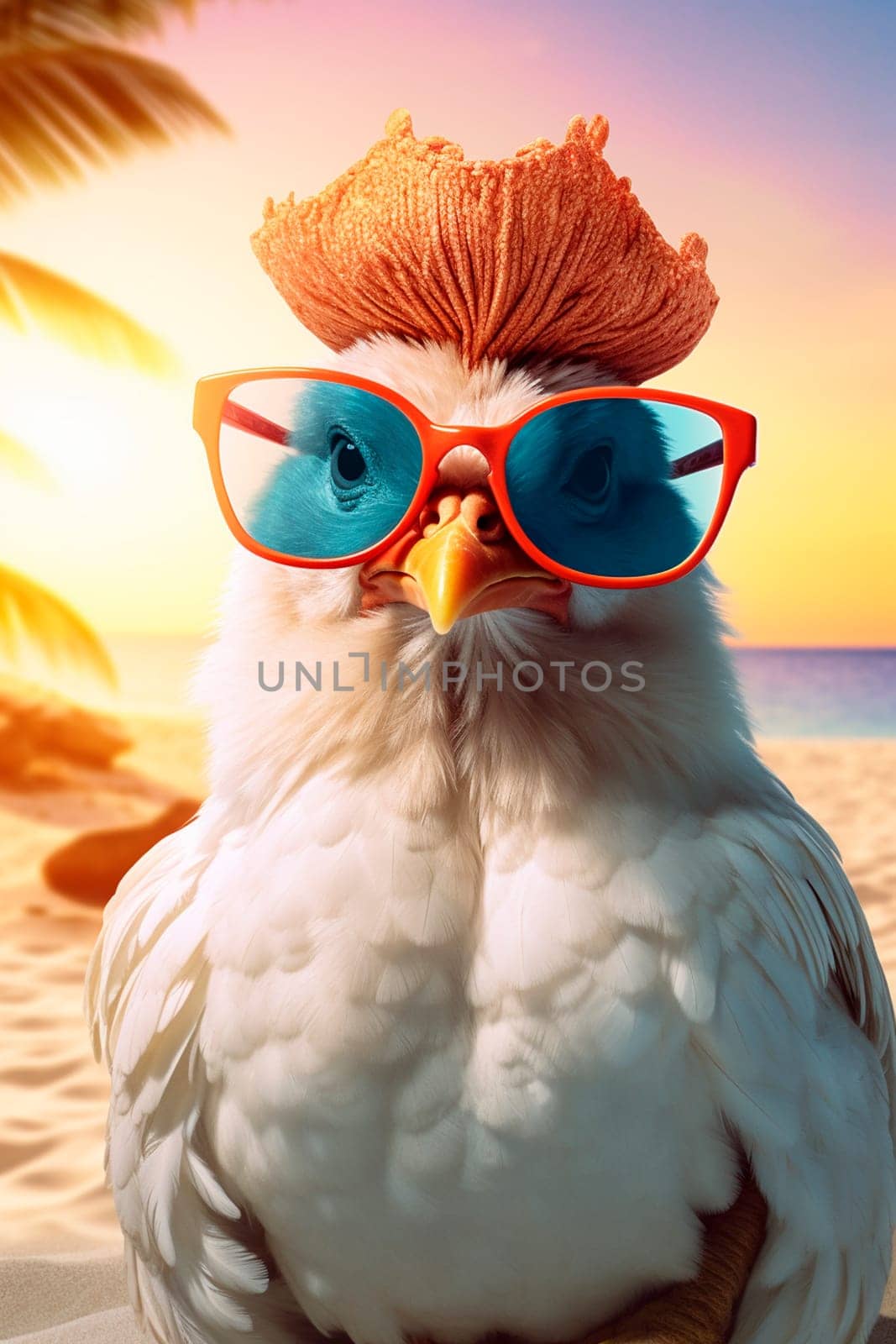 Chicken on the beach with glasses. Generative AI, by yanadjana