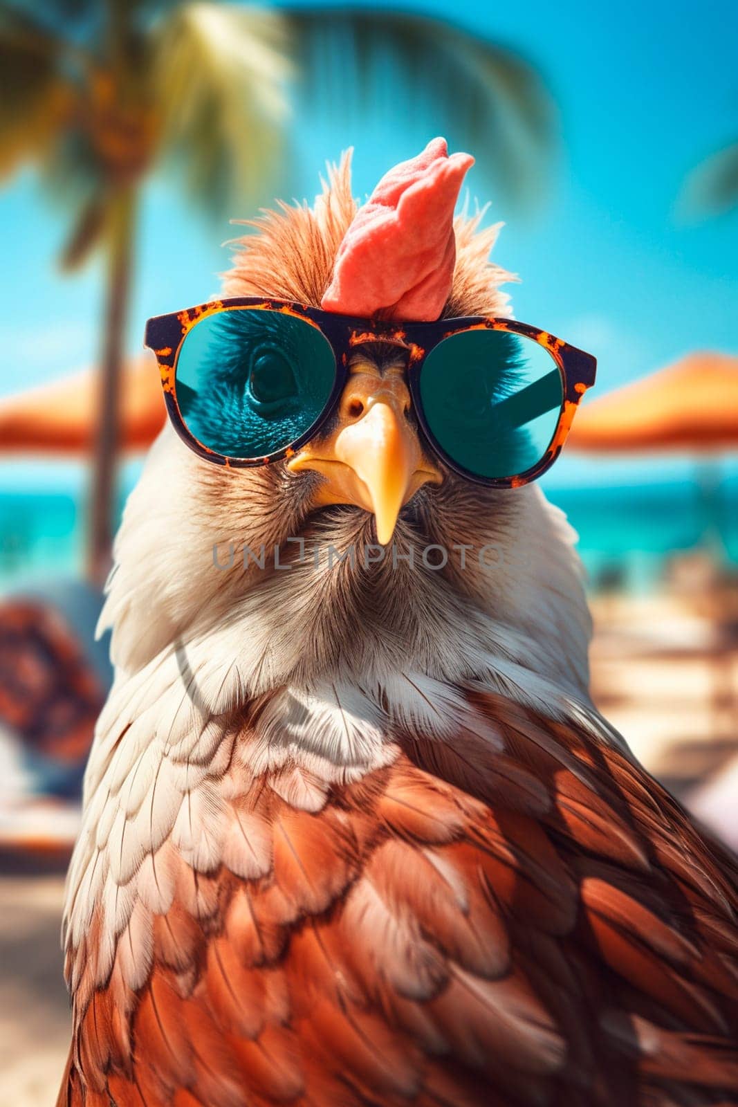 Chicken on the beach with glasses. Generative AI, animal.
