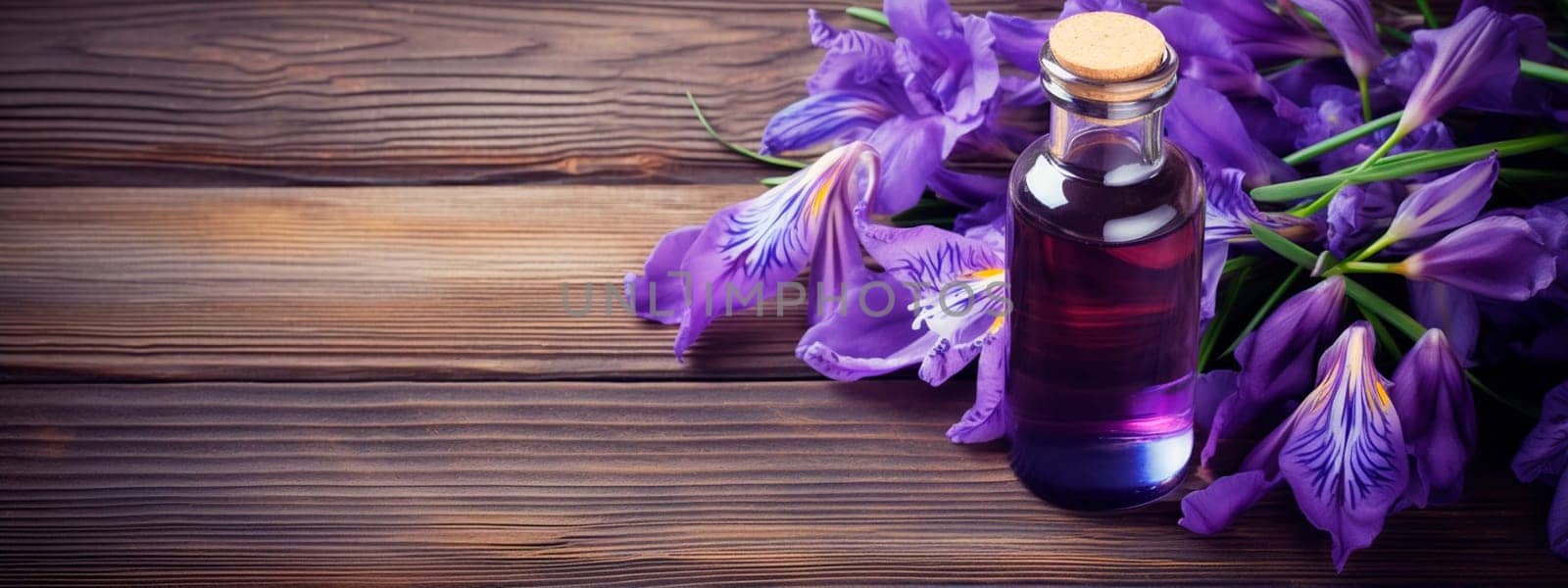 Iris essential oil in a bottle. Generative AI, Spa.