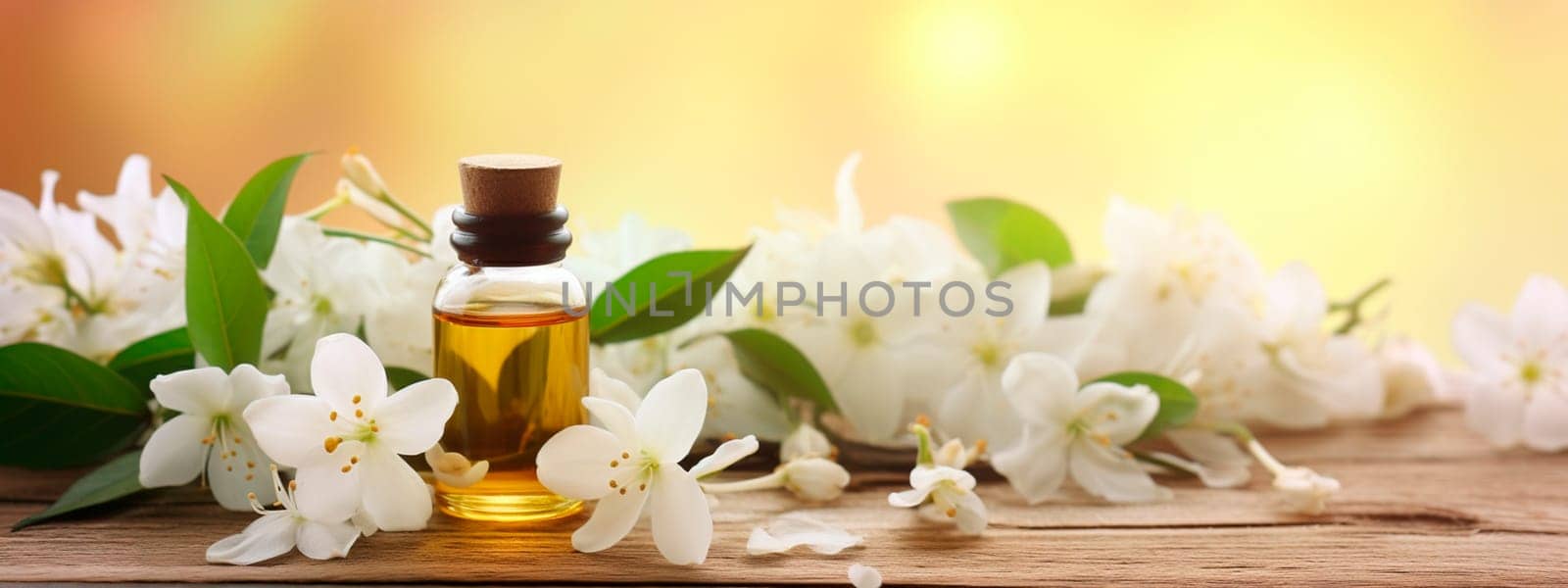 Jasmine essential oil in a bottle. Generative AI, Nature.