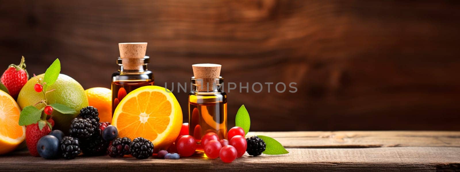 Essential oil of berries and fruits in a bottle. Generative AI, Spa.