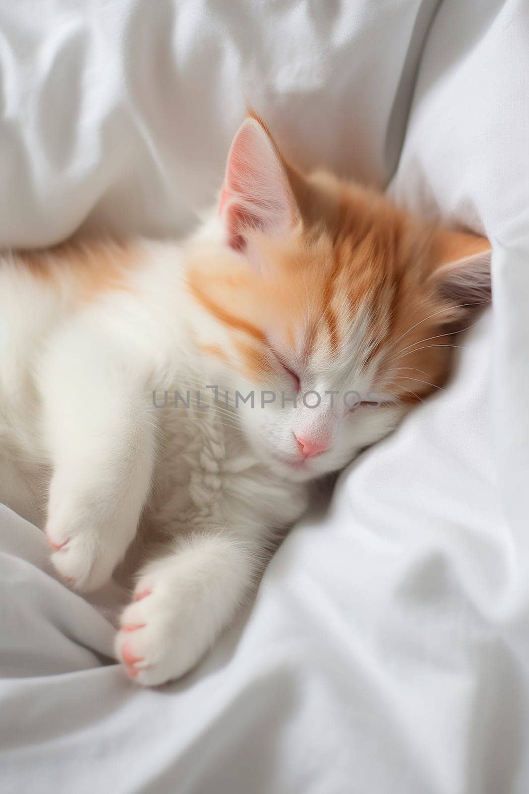 The kitten is sleeping in bed. Generative AI, by yanadjana