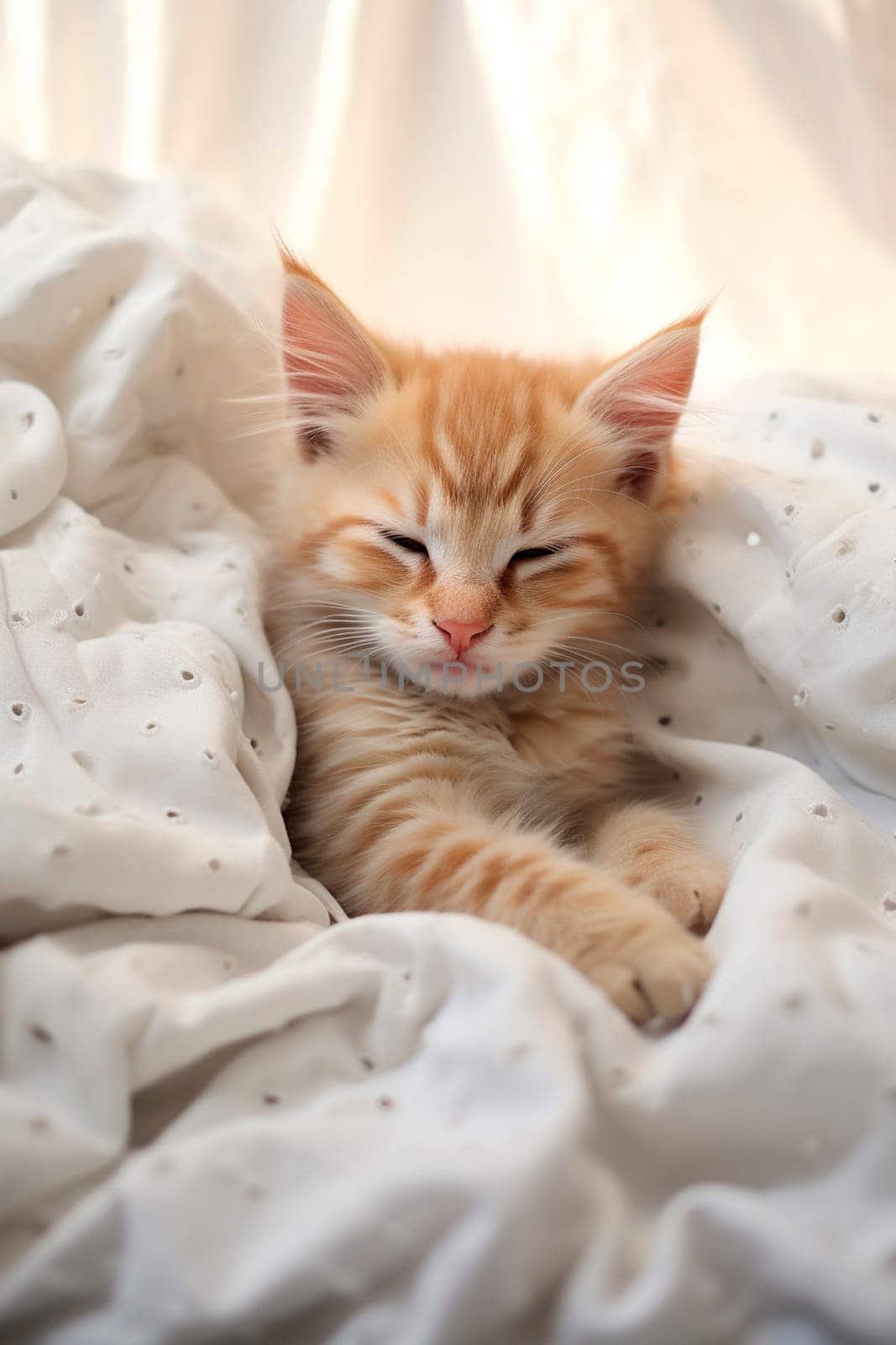 The kitten is sleeping in bed. Generative AI, by yanadjana