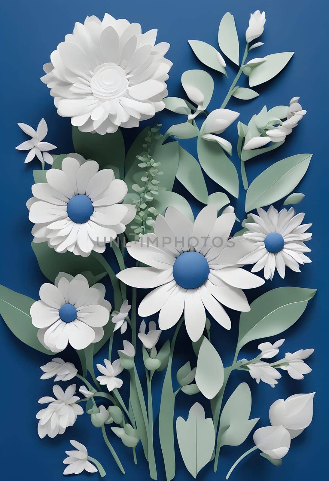 The image shows a 3D painting of white and blue flowers on a blue background. The flowers are of different sizes and shapes and are surrounded by green leaves. Generate AI
