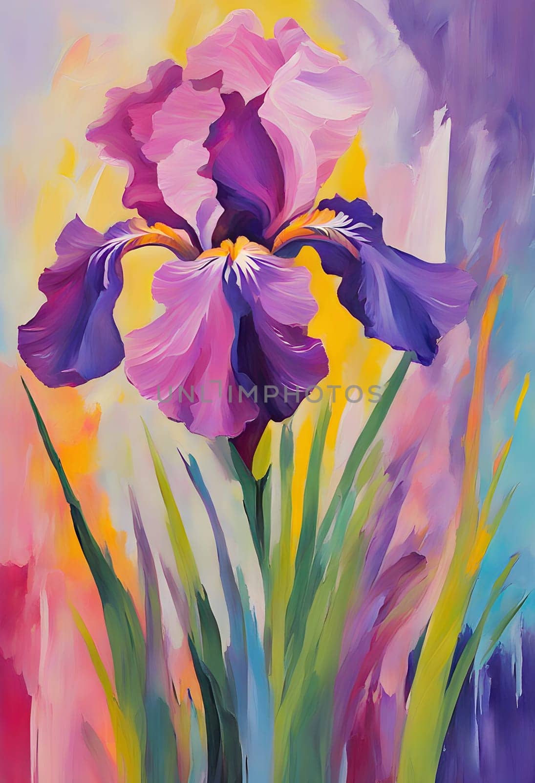 abstract painting of pink and purple iris flower on iris background. The flower is painted with free brush strokes and is made up of different shapes and sizes. by rostik924