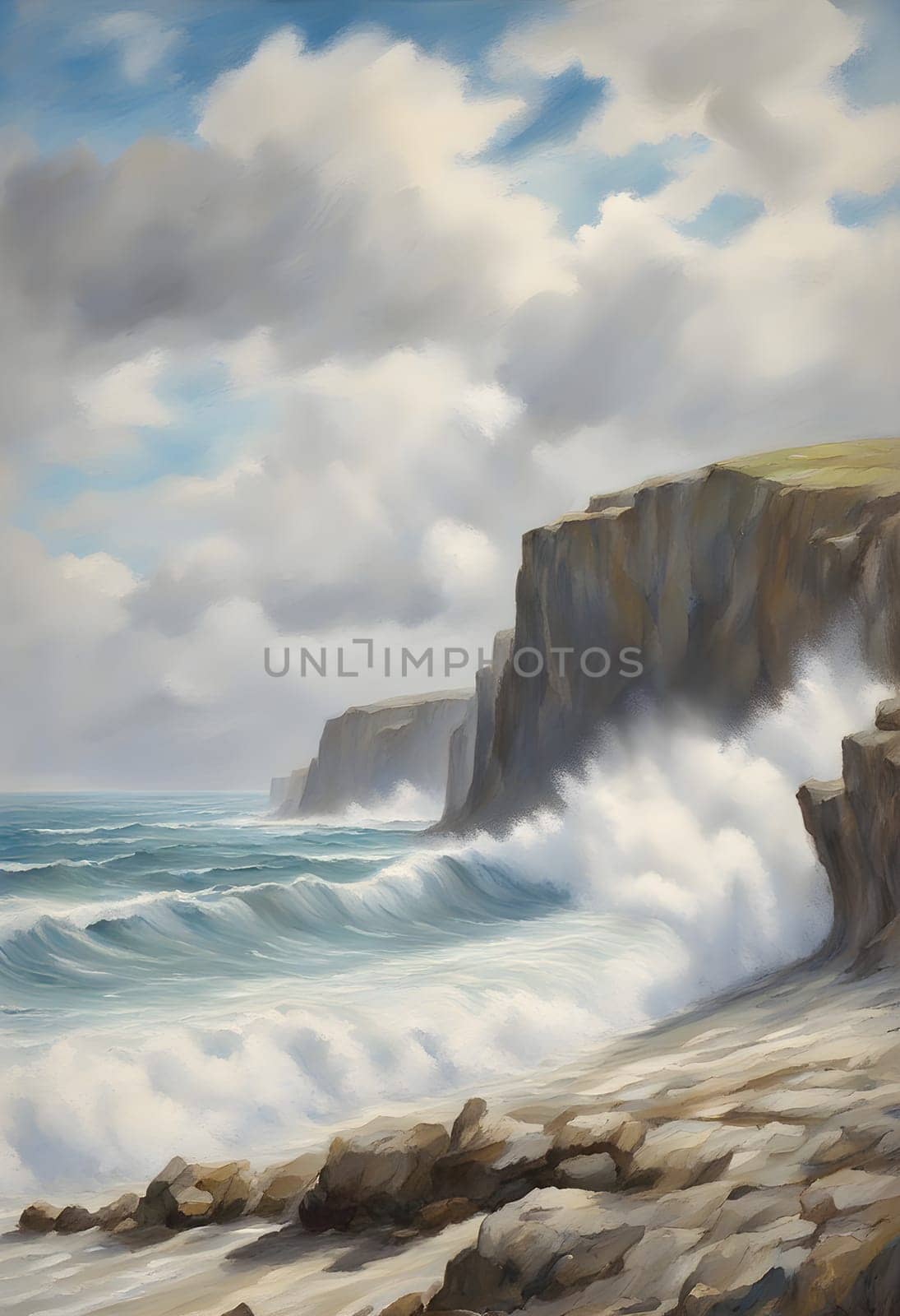 The image shows a painting of a beach with waves crashing against the cliffs. The waves are white and foamy and the cliffs are gray and rough. The sea is blue and there are white clouds in the sky. by rostik924