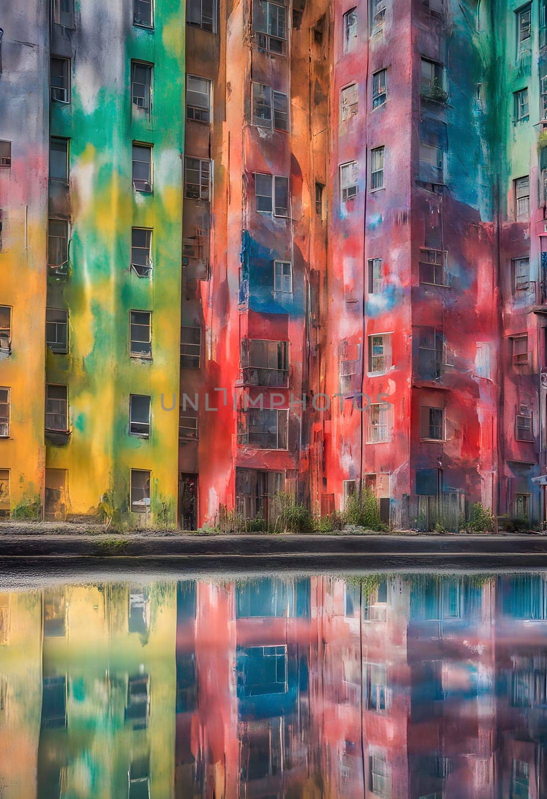 The image shows a series of colorful buildings in an urban setting. Buildings are reflected in the water. dripping paint art. by rostik924