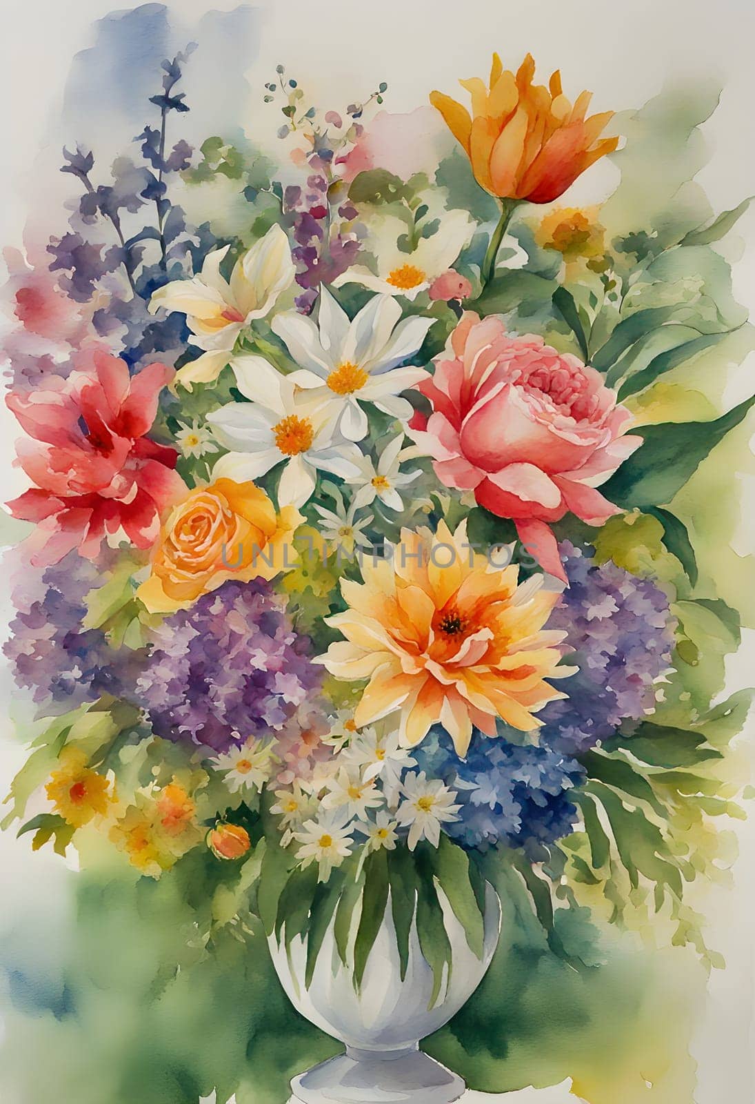 The image shows a watercolor painting of a bouquet of flowers on a white background. The bouquet is composed of different types of flowers, including roses, lilies, tulips and chrysanthemums. The flowers are painted in bright colors and are surrounded by green leaves. Generate AI
