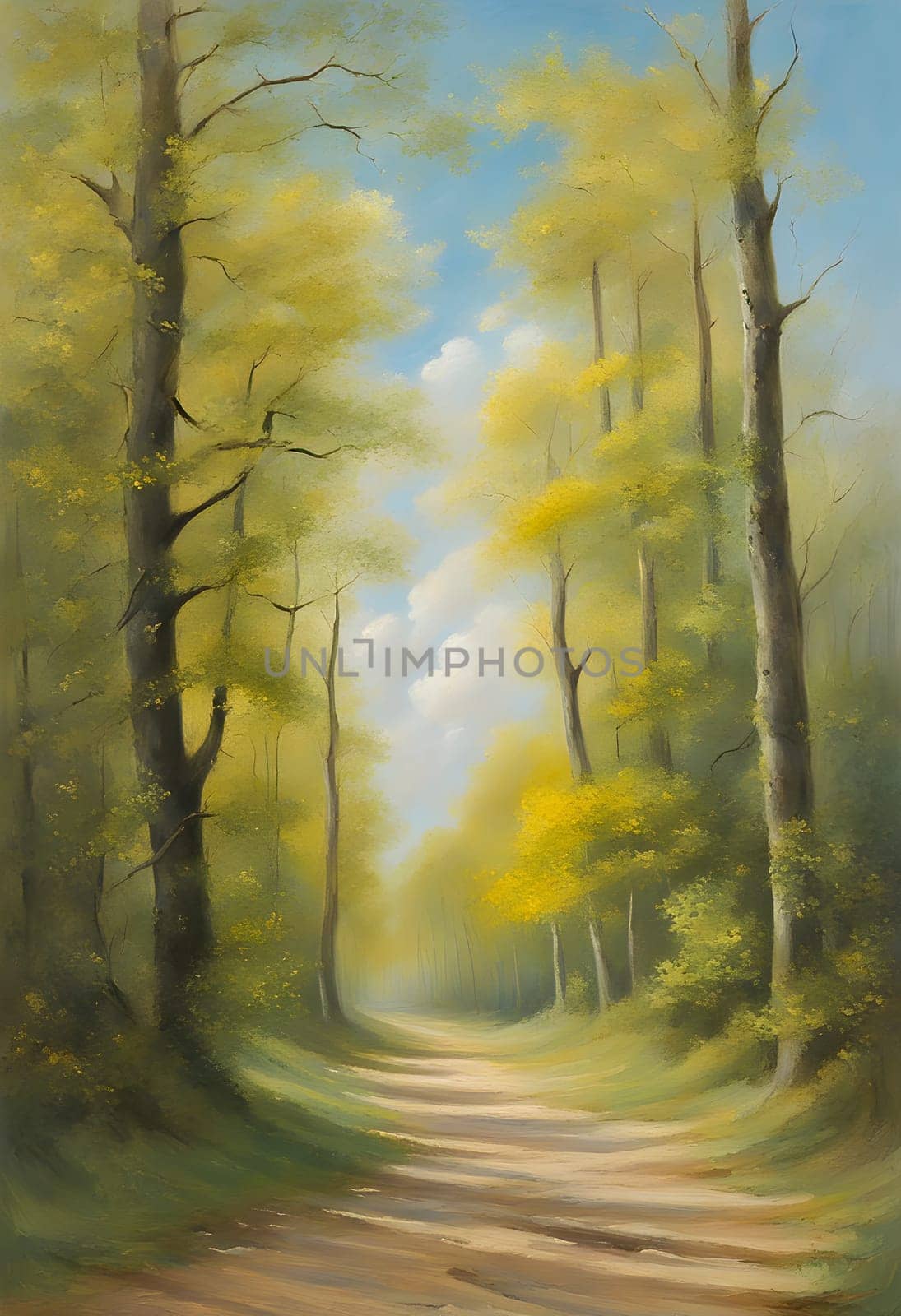 The picture shows an oil painting of a path in the forest. The road is dusty and leads through the trees. The trees are green and some of them have yellow leaves. The sky is blue with a few white clouds. Generate AI