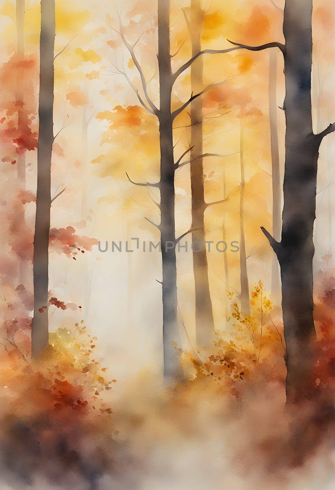 watercolor painting of autumn forest with fog. The trees are covered in leaves of various colors, including yellow, orange, red and brown. mystery and romance. by rostik924