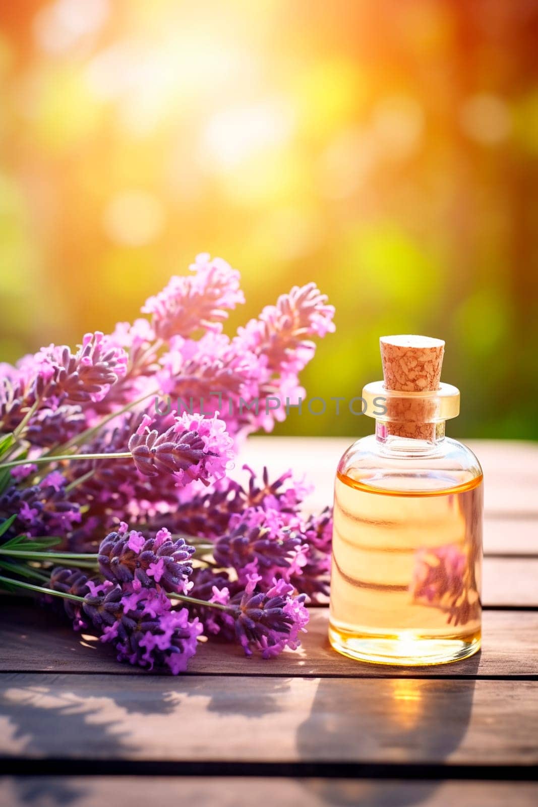 Lavender essential oil in a bottle. Generative AI, by yanadjana