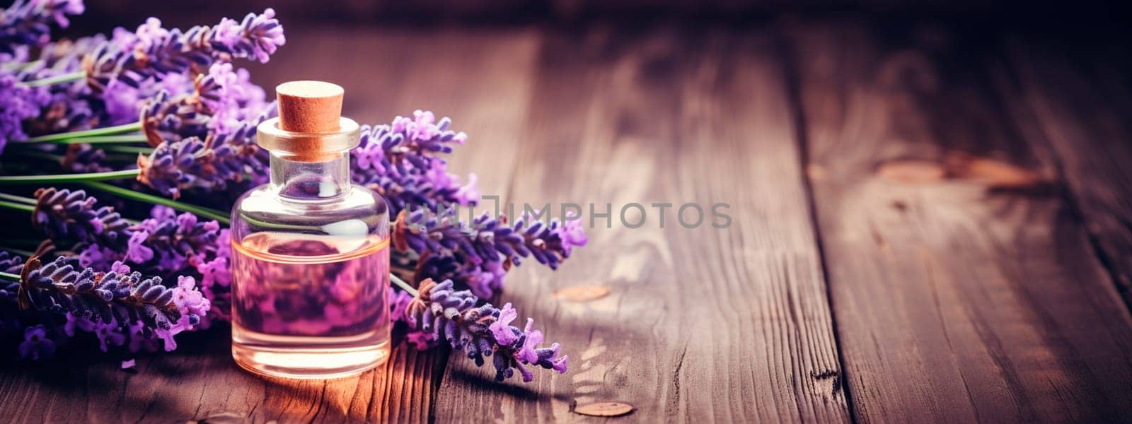 Lavender essential oil in a bottle. Generative AI, by yanadjana