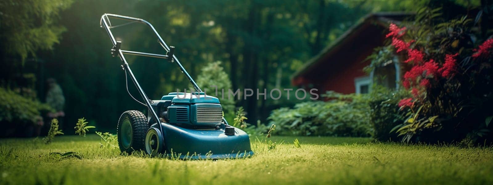 A lawn mower mows the lawn. Generative AI, by yanadjana