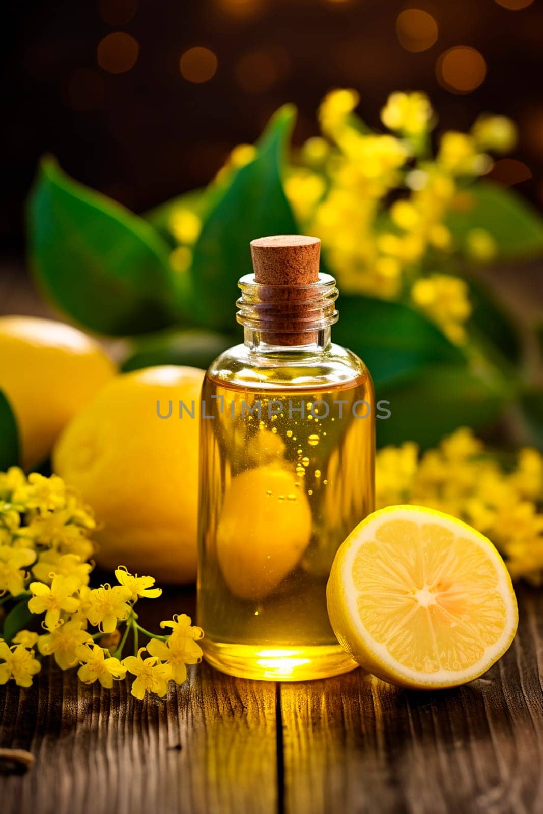 Lemon essential oil in a bottle. Generative AI, Spa.