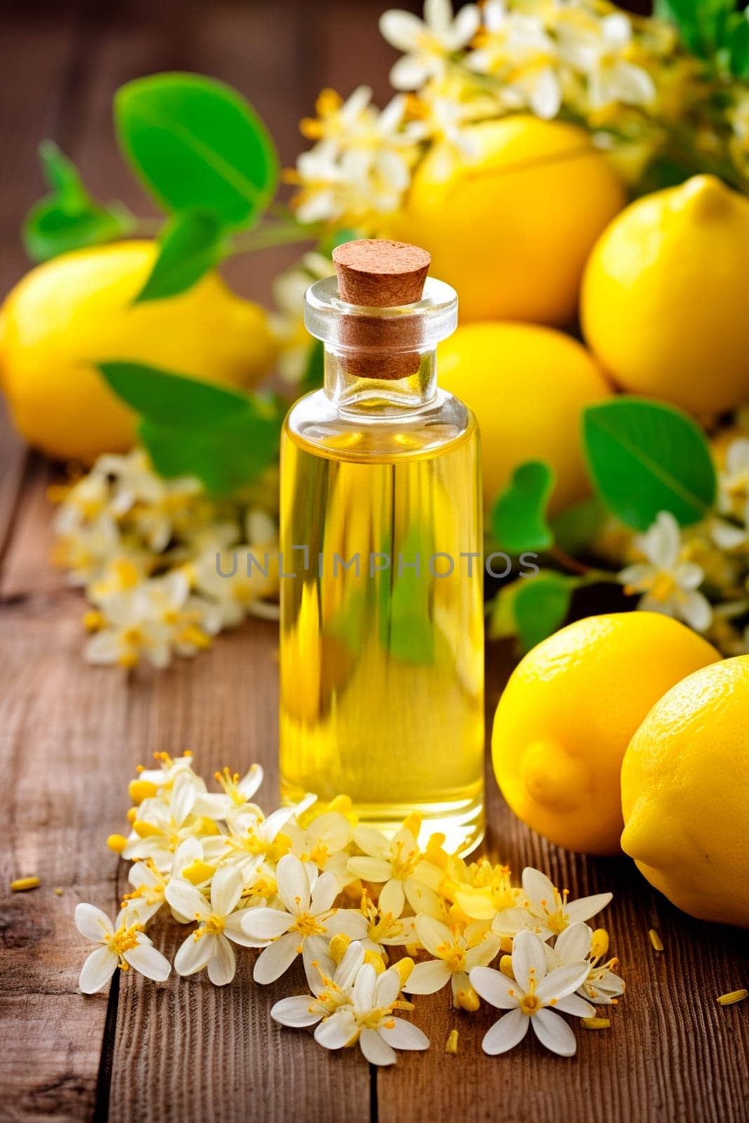 Lemon essential oil in a bottle. Generative AI, by yanadjana