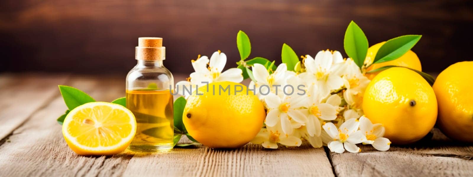 Lemon essential oil in a bottle. Generative AI, by yanadjana