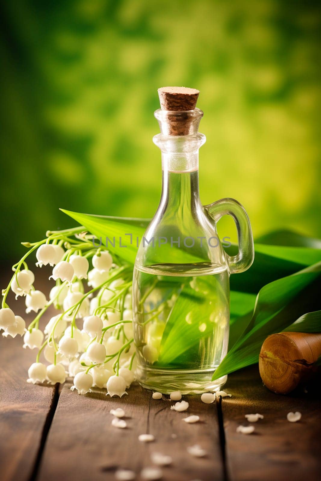 Lily of the valley essential oil in a bottle. Generative AI, by yanadjana