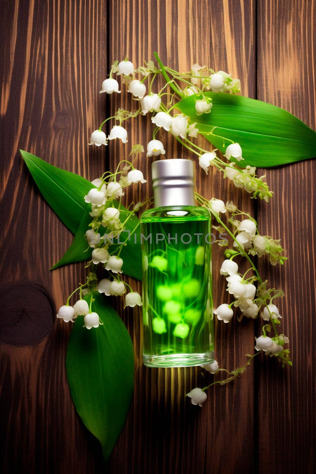 Lily of the valley essential oil in a bottle. Generative AI, by yanadjana