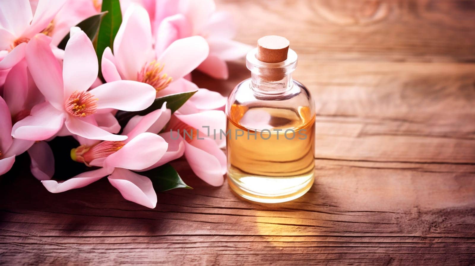 Magnolia essential oil in a bottle. Generative AI, Spa.