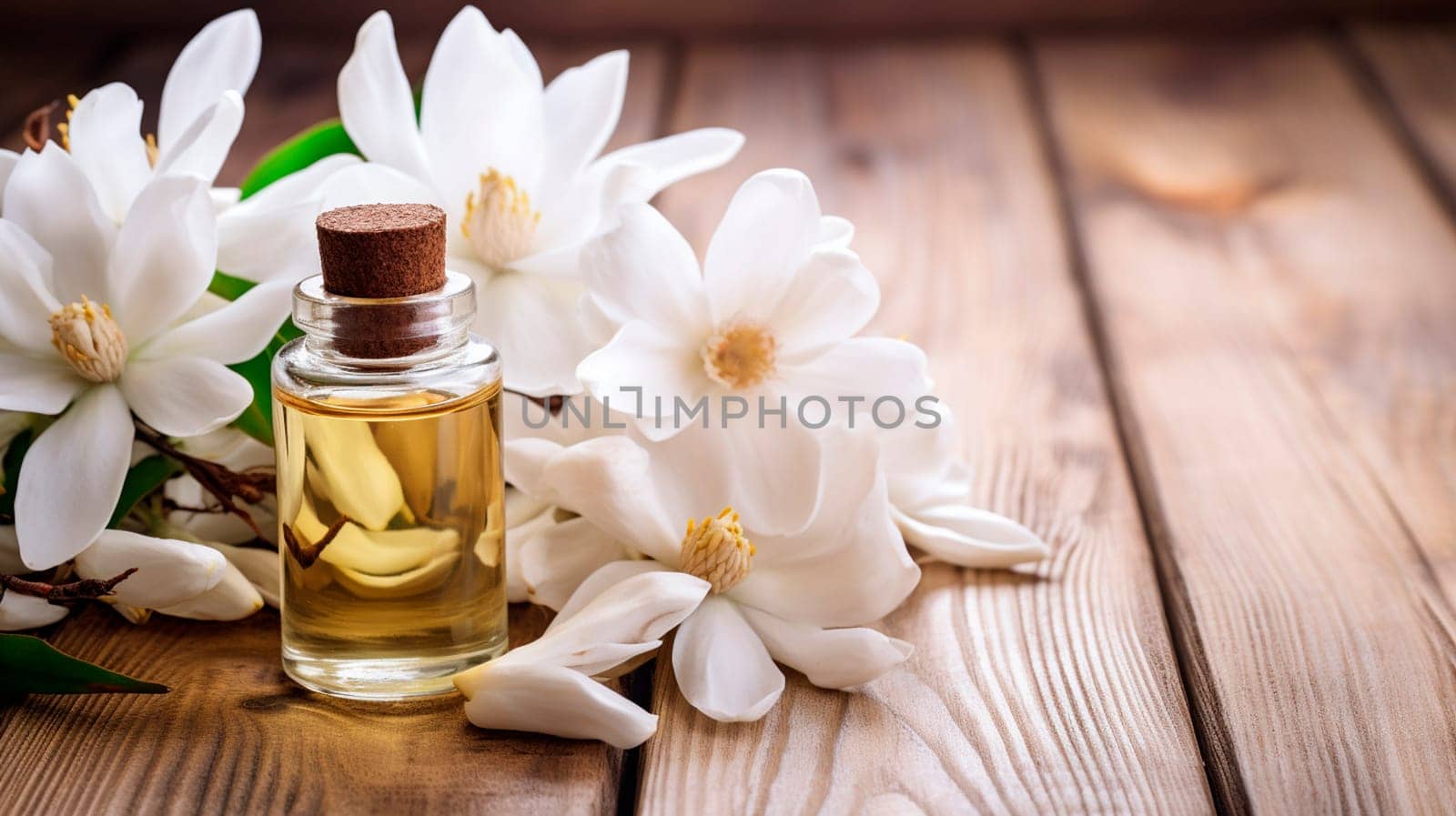 Magnolia essential oil in a bottle. Generative AI, by yanadjana