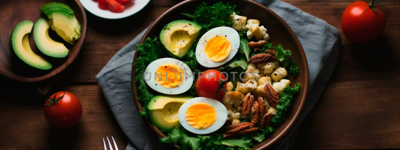 Keto plate eat eggs, avocado, greens, nuts. Generative AI, by yanadjana