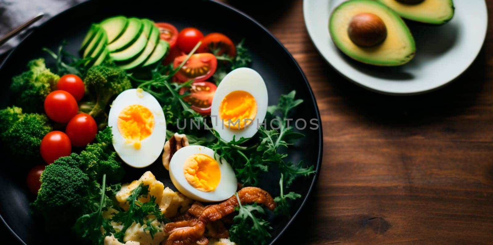 Keto plate eat eggs, avocado, greens, nuts. Generative AI, by yanadjana