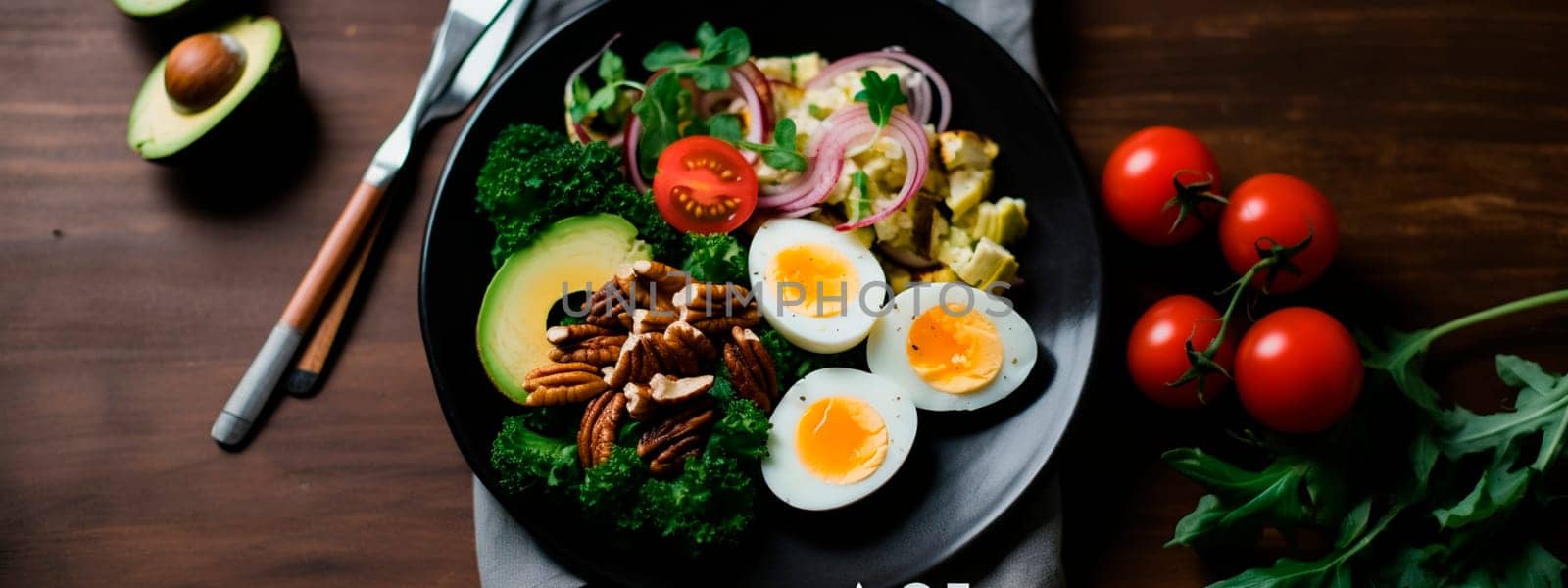 Keto plate eat eggs, avocado, greens, nuts. Generative AI, by yanadjana