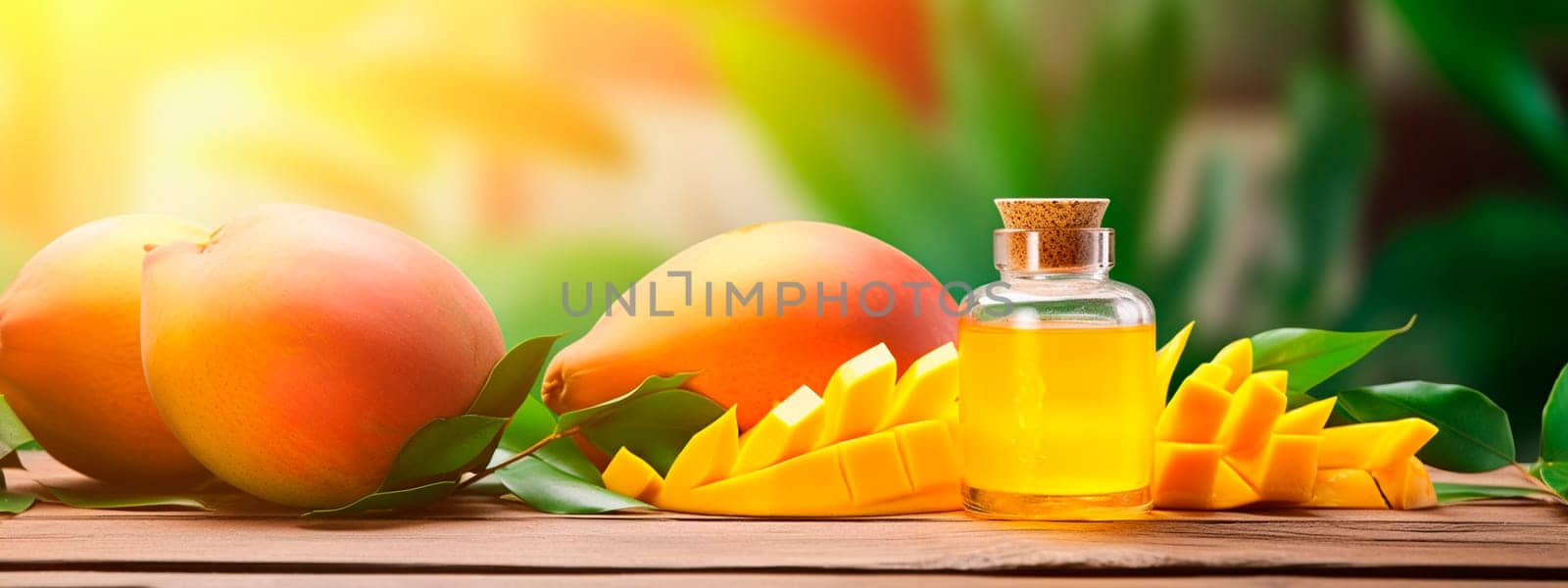 Mango essential oil in a bottle. Generative AI, by yanadjana