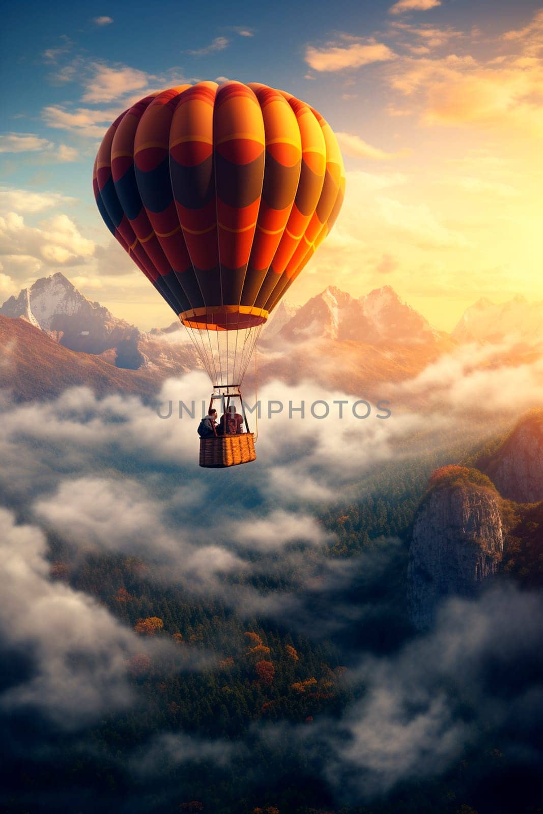 A hot air balloon flies in the sky. Generative AI, by yanadjana